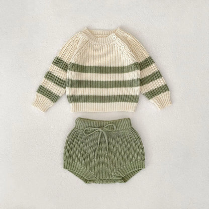 Baby-Pullover für Herren und Damen, neue Herbst-Stile für Säuglinge und Kleinkinder, gestreifte Strickoberteile und Hosen-Sets