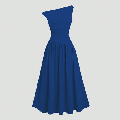 Mia Muse Kleider Sommer Französisch Einfarbig Asymmetrische Falten Ärmellose One-Shoulder Drapierte Midi Basics Kleider Für Frauen.