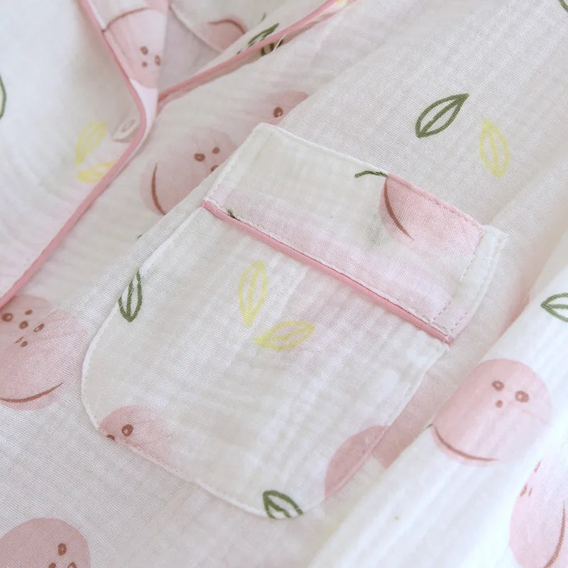 2025 Damen-Pyjama-Set für Frühling/Sommer, bedruckt, 100 % reine Baumwolle, dünn, langärmelig, zweiteiliges Set, frische und süße Strickjacke, Home Fury.