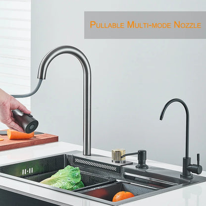 Wasserfall-Küchenspüle aus Edelstahl 304, großes Einzelbecken mit großem Einzelschlitzspüle über der Theke mit Tassenschlitz