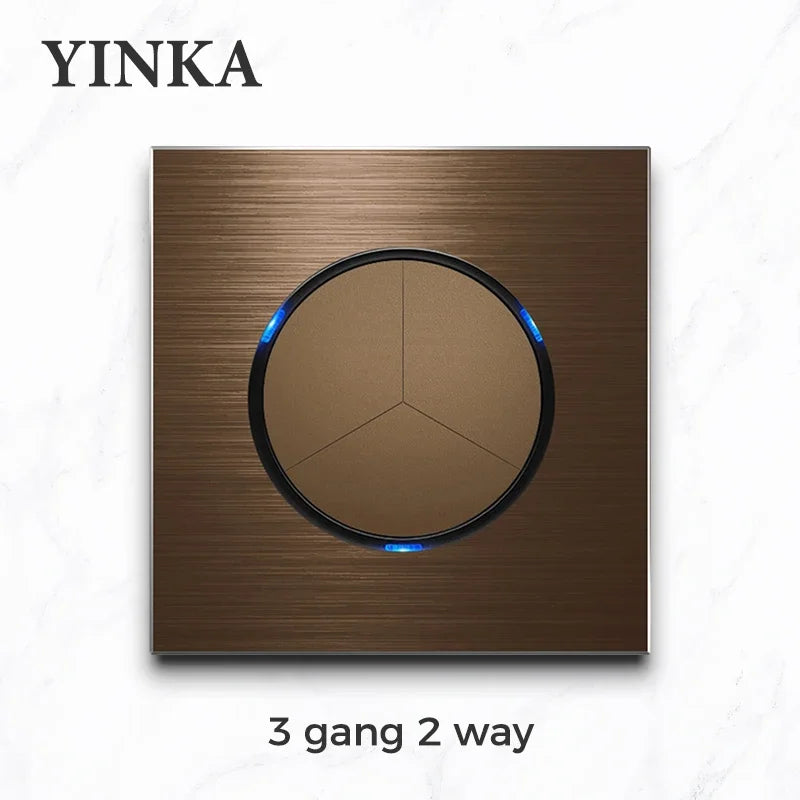 YINKA Schaltersteckdose, Aluminium, gebürstetes braunes Panel mit LED-Anzeige, EU-Steckdose, Schalttafel, elektrischer Lichtschalter, AC110–250 V, NET.