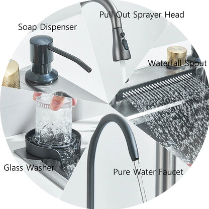 304 Edelstahl-Wasserfall-Küchenspüle, groß, Einzelschlitz, integriert, 60 x 45 cm, Wasserhahn-Set, Seifenspender/Reines Wasser/Tassenwascher