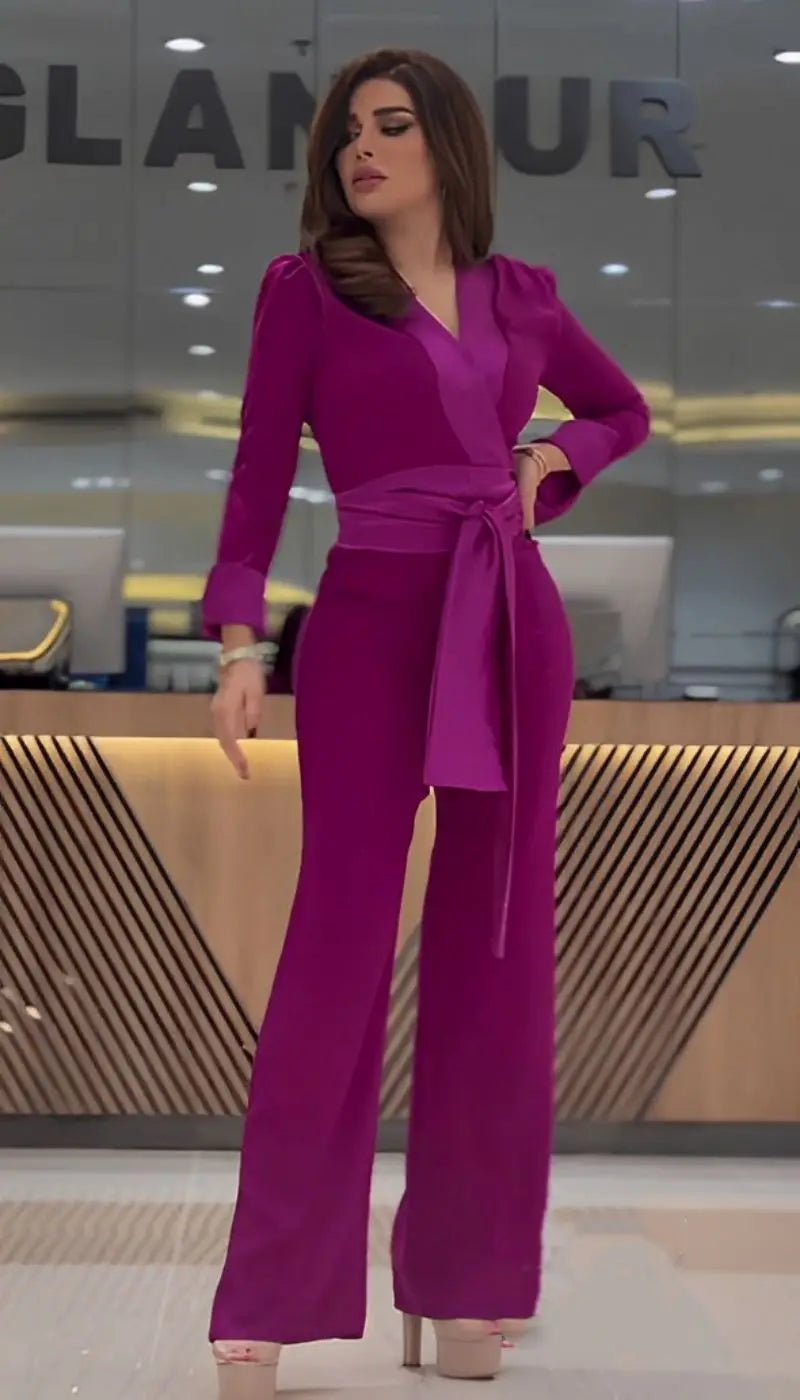 Women Sexy Jumpsuits Party Long Sleeve V-neck Prom New Lace-up Rose-red Spring Summer Lady Elegant High Waist Casual Trousers.