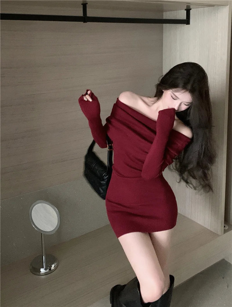Schwarz Off Schulter Mini Kleider Elegante Langarm Mode Schlank Sexy Frauen Herbst Winter Kleidung Dünne Pullover Kleid Bodycon.