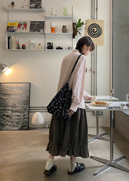 Vintage Black Midi Skirt Women Japanese Harajuku Drawstring Bud Skirts Summer Streetwear Korean Casual Design A Line Faldas New