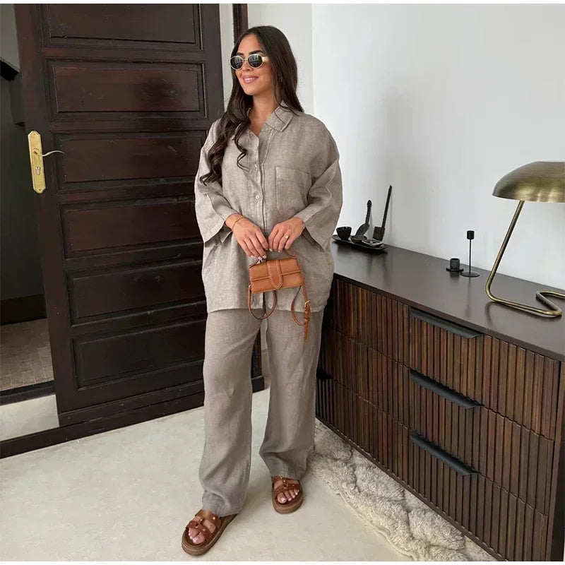 Women Vintage Solid Loose Pants Suit Lapel Single Breasted Long Sleeve Shirt Wide Leg Pants 2 Pcs Set 2025 New Ladies Streetwear.