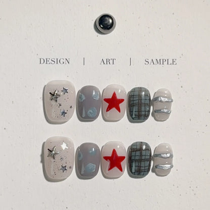 10pcs Short Oval Shaped Press-On Nails - Color Block Stripes & Star Designs Glossy Mix-and-Match False Nails for Women and Girls.