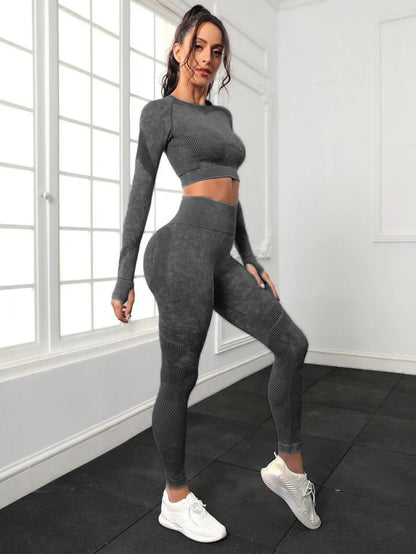 Mileegirl 2pcs Gym Sets Women Seamless Sports Pants Hollow Out Long sleeves Top Fitness Winter Fall Workout Legging Warm Outifts.