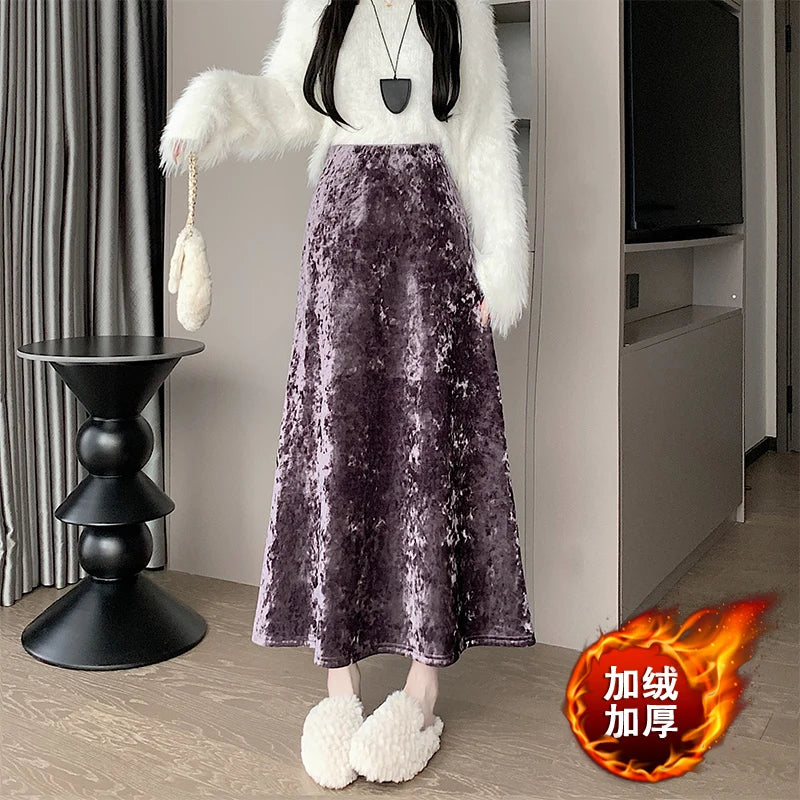 Plush Velvet Midi Skirt - 2025 New High-Waisted A-Line Mermaid Hem Skirt, Fleece-lined, Autumn Winter Thick Velvet Skirt