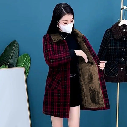 Frauen Plaid Mantel Karierten Winter Mutter Jacke Taschen drehen-unten Kragen einreiher Mid Länge Mantel Mid-aged frauen Mantel.