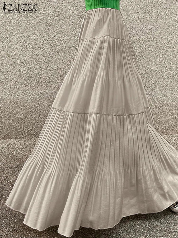 2025 ZANZEA Oversized Summer Maxi Skirts Women Elastic Waist Pleated Long Skirt Casual Solid Color High Waist Ruffled Skirts.
