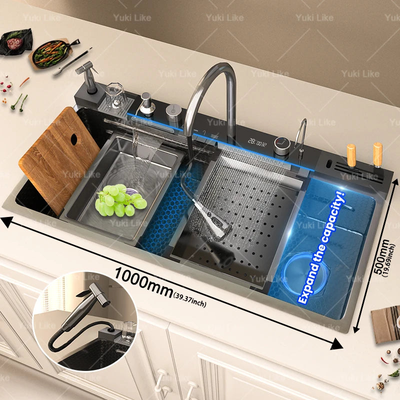 Stainless Steel Kitchen Sink with Waterfall Extra Large Single Slot Digital Display Dishwashing Basin Includes Sinks 100x50cm