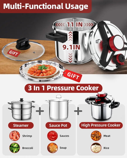 KITCHJOY 3in1 Stainless Steel Pressure Cooker 6L 8L 10L 12L Pressure Canner Induction Compatible Glass Lid Steamer Rack Included.