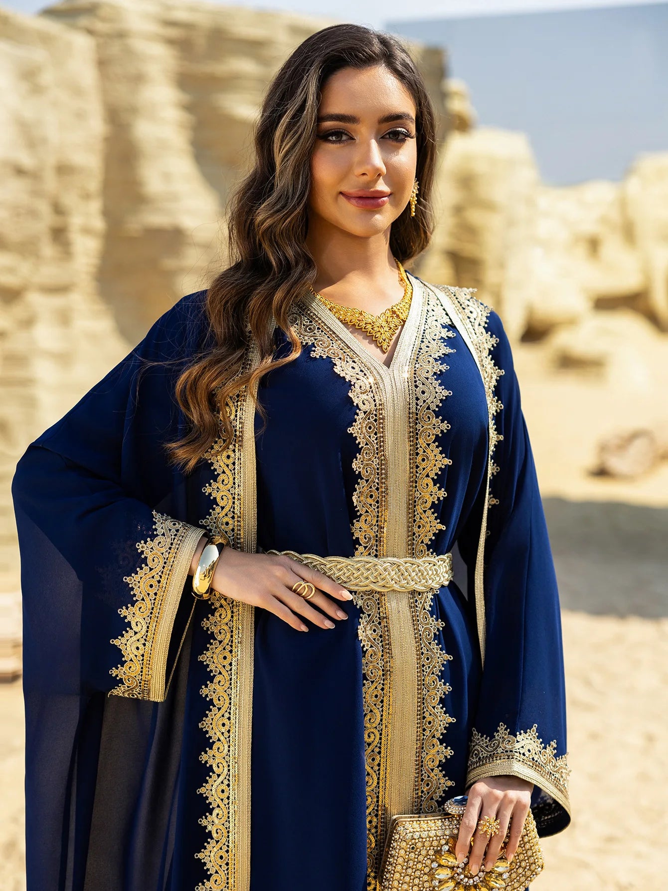 Eid Frauen Abaya Kleid Muslim 2-teiliges Set Strickjacke mit Innenkleid Schnürmantel Kaftan Robe Jalabiya Ramadan Marokko Kaftan 2025