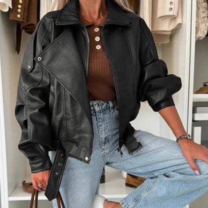 Mode Straße Einfarbig Oberbekleidung Kleidung Vintage Büro Lange Ärmeln Frauen Jacke Neue 2025, Herbst Revers Zipper Leder Mantel.