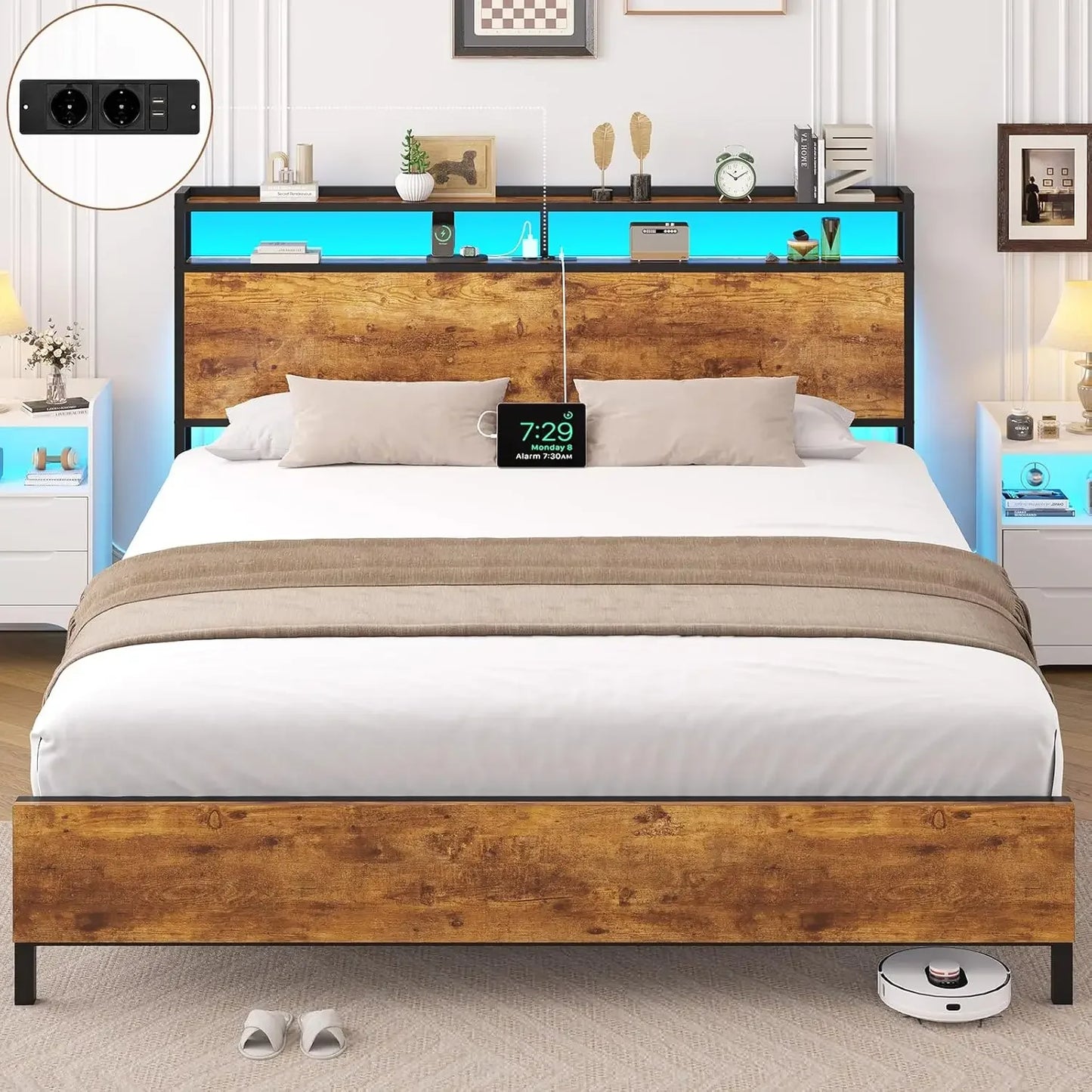 140x200 mit Gitterrahmen, integrierte LED-Beleuchtung und Ladestation (2 AC-Steckdosen, 2 USB-Anschlüsse), Bett 140x200 Mit Lattenrost Au