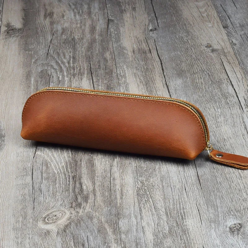 Vintage Leather Pencil Bag Simple Stationery Hoder Pen Case Storage Bag Zipper Pencil Pouch Glasses Box School Supplies.