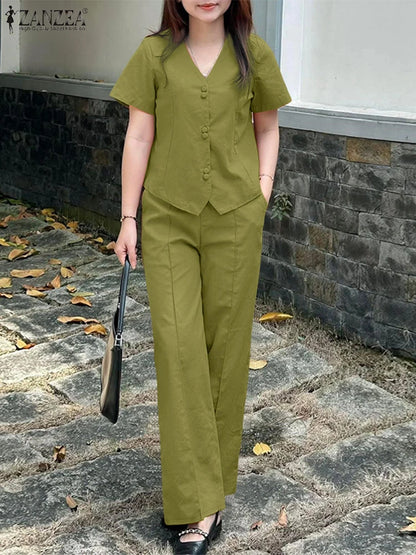 ZANZEA Fashion 2 Piece Sets Woman Elegant V-Neck Short Sleeve Shirts Wide Leg Pants 2pcs Suits Office Lady Commuting Pant Sets