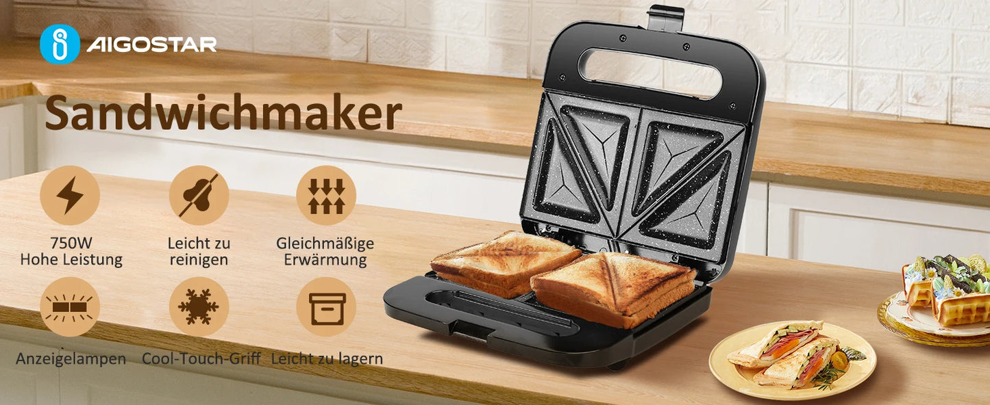 Aigostar - Toaster for 2 Sandwiches, Toaster Plate with Non-Stick Ceramic Coating, Automatic Temperature Control 180-200°C, Indi.