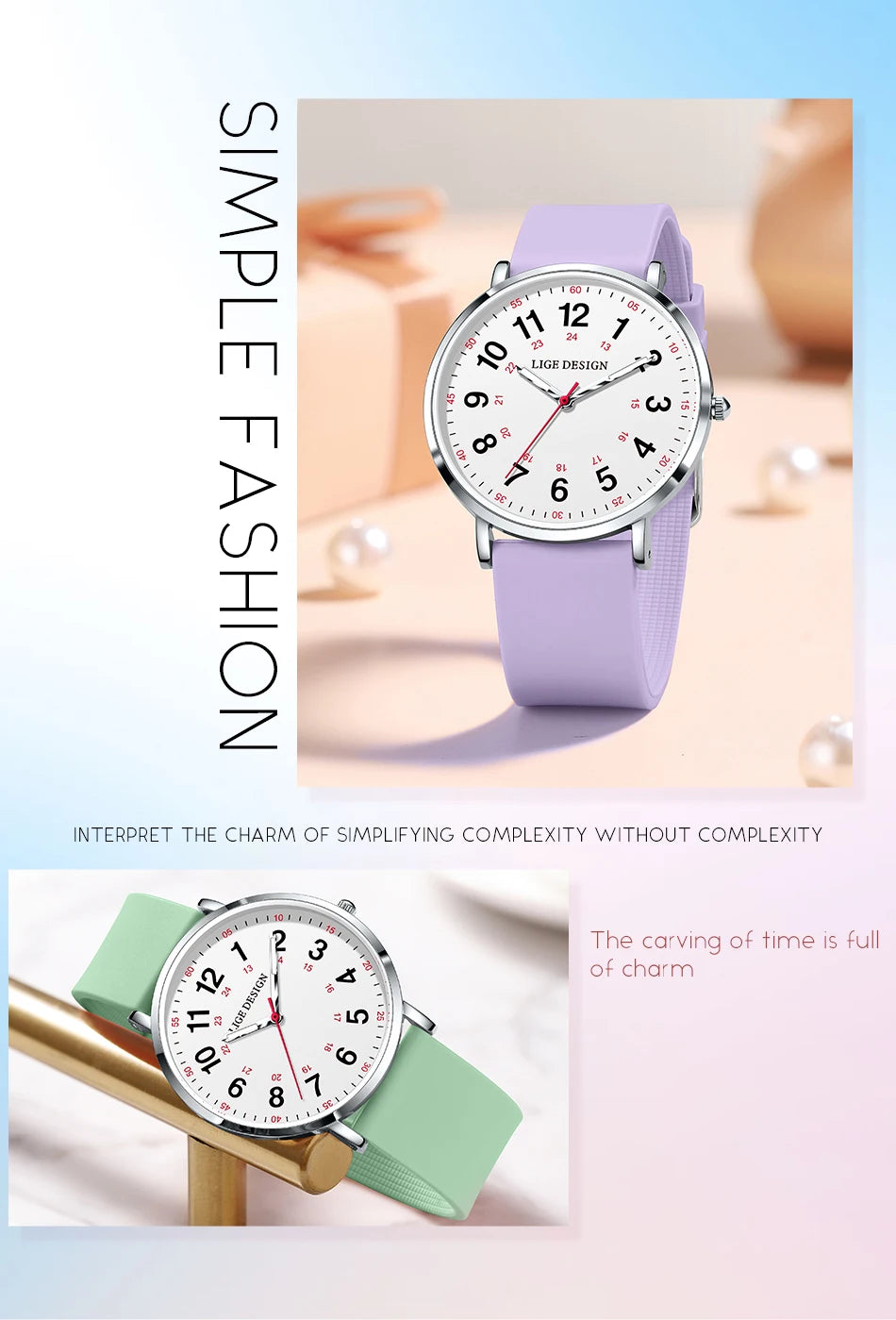 LIGE Fashion Elegant Watches for Woman Ladies Candy Color Silicone Casual Luminous Waterproof Dress Quartz Women's Wristwatches.