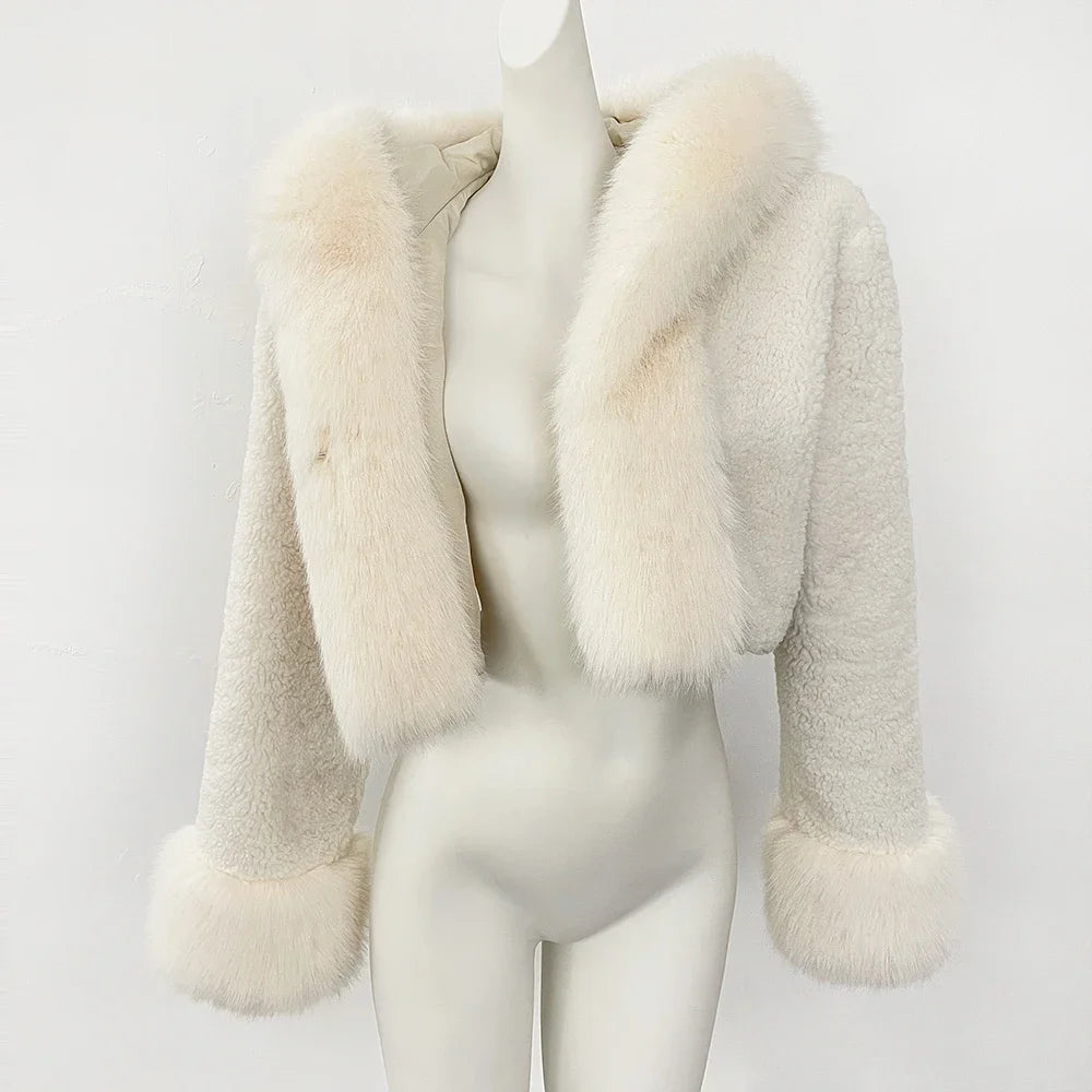 OFTBUY Lammwolle Weibliche Herbst Warme Dicke Faux Pelz Jacke Künstliche Winter Kleidung Frauen Mit Kapuze Kurze Pelzmantel Umweltfreundliche.