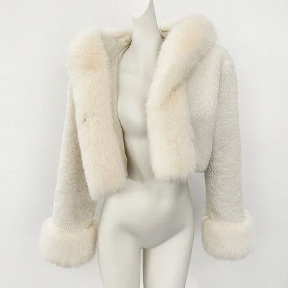 OFTBUY Lammwolle Weibliche Herbst Warme Dicke Faux Pelz Jacke Künstliche Winter Kleidung Frauen Mit Kapuze Kurze Pelzmantel Umweltfreundliche.