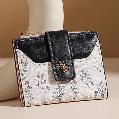 Slim Pu Leather Short Wallet Ins Multi Card Zipper Coin Wallet Strap Small Flower Card Bag Wallet Zipper Strap Women's Girl