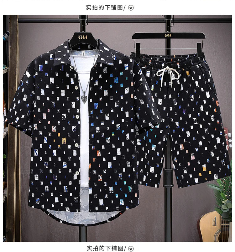 Men Summer 2 Pieces Set Tracksuit Men's Shirt Shorts Harajuku Streetwear Oversized Men Sets Short Outfits Suits.