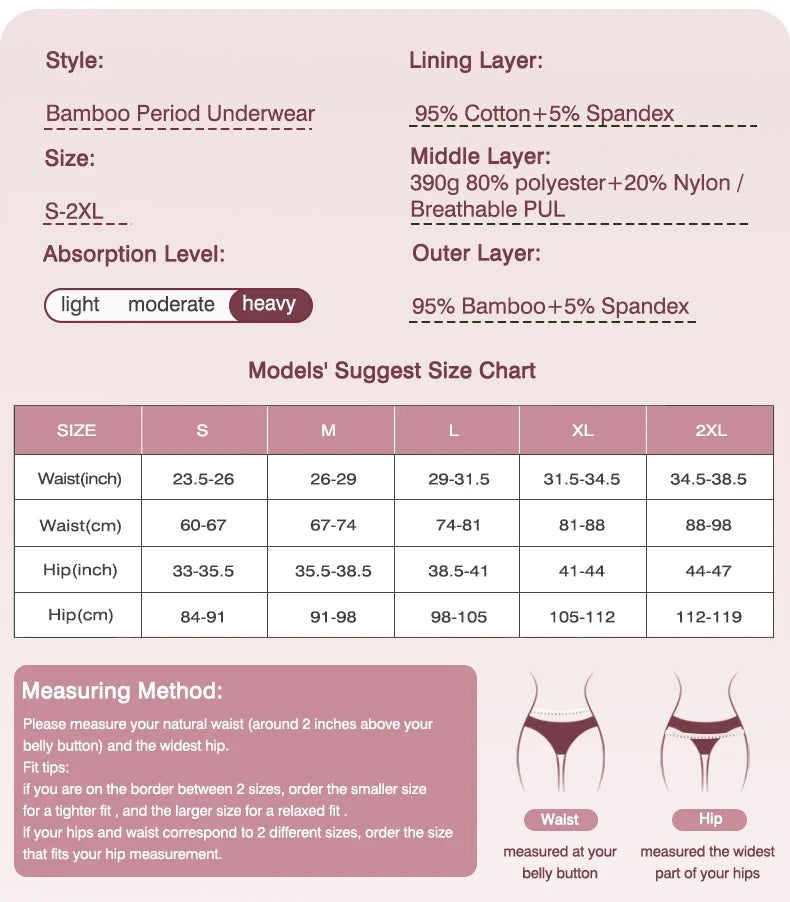 Women's Physiological Briefs Bamboo Fiber Super Absorption Mid-waist Menstrual Panties 4-Layer Leakproof    Protection.