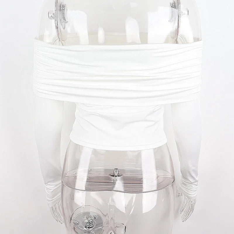 Women Off Shoulder Long Sleeve Slim Tops and Blouses Mesh Ruched Crop Tops Summer Autumn Y2K Sexy Elegant Shirts Female.