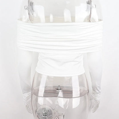 Women Off Shoulder Long Sleeve Slim Tops and Blouses Mesh Ruched Crop Tops Summer Autumn Y2K Sexy Elegant Shirts Female.