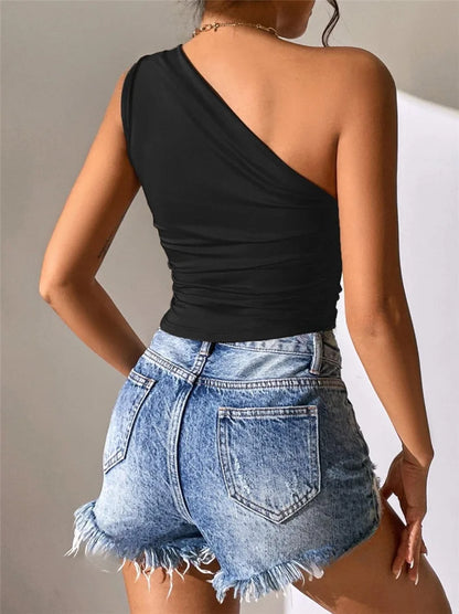 Sexy One Shoulder Ruched Asymmetrical Hem Top Women Summer Casual Solid Color Pleated Sleeveless Tee Top Streetwear Y2K.