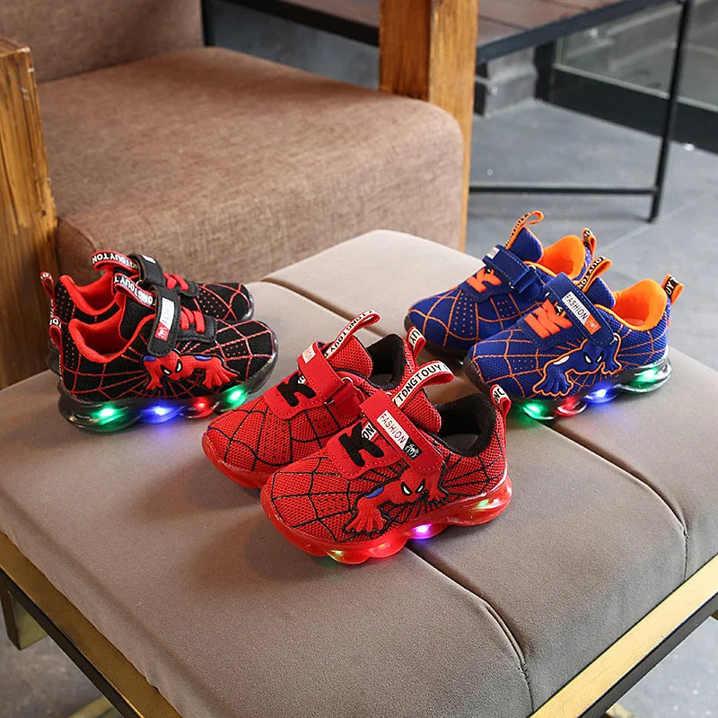 Disney LED Casual Sneakers Red Black For Spring Boys Spider-man Mesh Outdoor Shoes Children Lighted Non-slip Shoes Size 21-30.