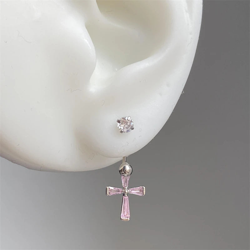 1PCS Pink Zircon Cross 316L Stainless Steel Annular Ear Bone Nail New Fashion U-shaped Earrings for Women Y2K Punk Jewelry.