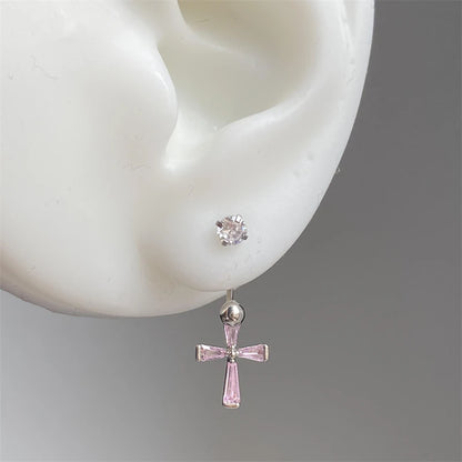 1PCS Pink Zircon Cross 316L Stainless Steel Annular Ear Bone Nail New Fashion U-shaped Earrings for Women Y2K Punk Jewelry.