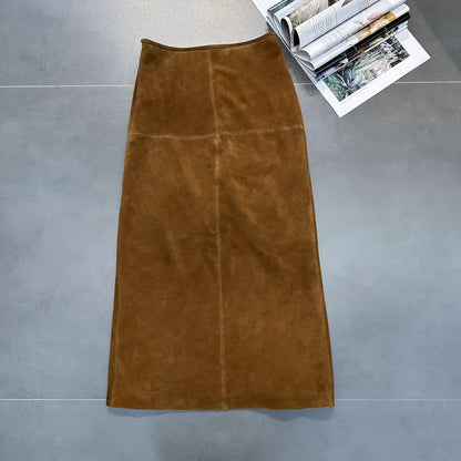 Retro High Grade Suede Real Leather Long Skirt 80cm For Women Upgraded Imported  Jupe Back Split Waist Loop Faldas Ankle-Length.