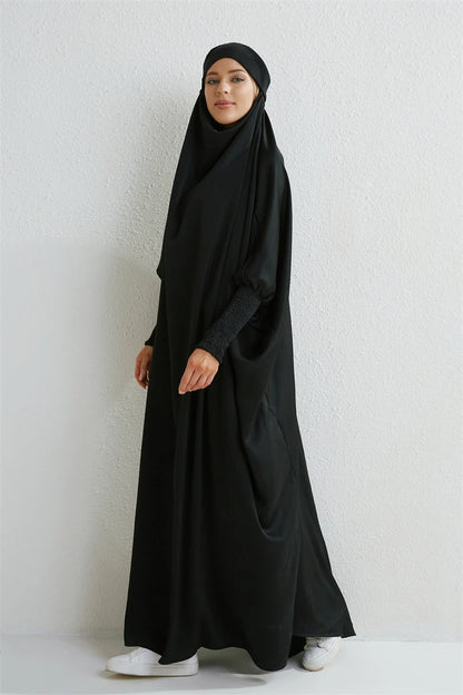 Muslimische Abaya mit Kapuze, Smockärmel, einteiliges Gebetskleid, Damen, Jilbab, islamische Kleidung, Dubai, Saudi-Arabien, schwarze Robe, türkische Bescheidenheit
