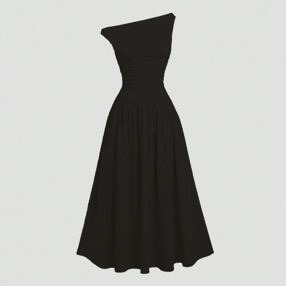 Mia Muse Kleider Sommer Französisch Einfarbig Asymmetrische Falten Ärmellose One-Shoulder Drapierte Midi Basics Kleider Für Frauen.