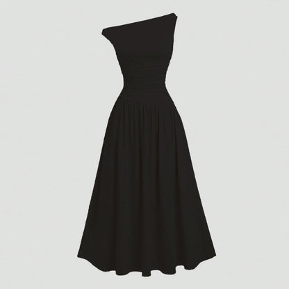 Mia Muse Kleider Sommer Französisch Einfarbig Asymmetrische Falten Ärmellose One-Shoulder Drapierte Midi Basics Kleider Für Frauen.