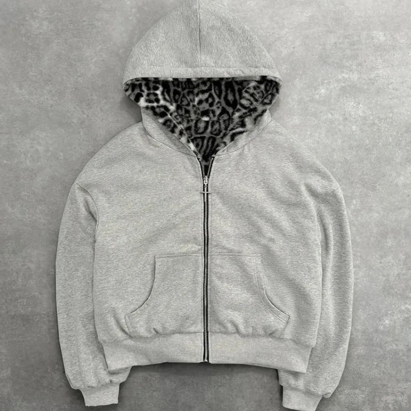 Unisex hoodie hooded sweatshirt with leopard print lining pocket, loose cardigan, zipper sweatshirt, streetwear style.