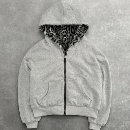 Unisex hoodie hooded sweatshirt with leopard print lining pocket, loose cardigan, zipper sweatshirt, streetwear style.