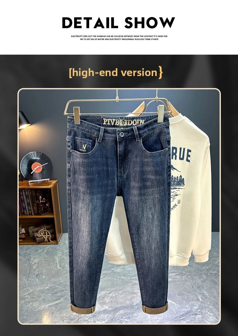 Men's Slim Straight Jeans Fashion Korean Autumn Trousers Comfortable Elastic Black Blue Fitted Business Casual Denim Pants.