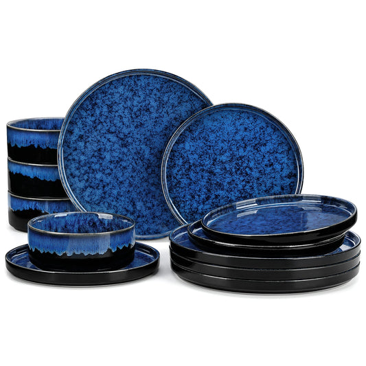 vancasso 12/24/36Piece Dinner set Black Blue Reactive Glaze Vertical edge Dinnerware set with 4PCS Dinner Plate/ Dessert/Bowl.
