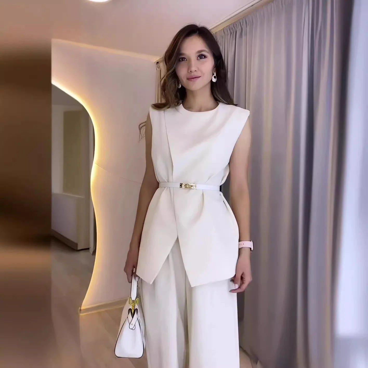 Women Women Piece Set High Waist Pocket Pant Sets Tops Solid Sleeveless Spliced Elegant Round Neck Top Suits Office Lady.