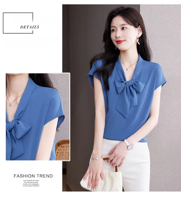 Bow Tie Blouse Shirt for Women OL Elegant Blouses Satin Womens Tops Silk Female Clothing 2023 Korean Fashion Short Sleeve Blouse.