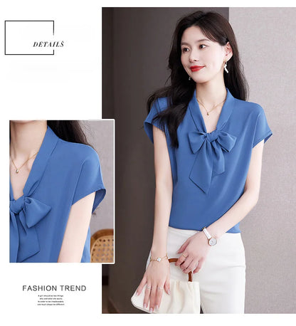 Bow Tie Blouse Shirt for Women OL Elegant Blouses Satin Womens Tops Silk Female Clothing 2023 Korean Fashion Short Sleeve Blouse.