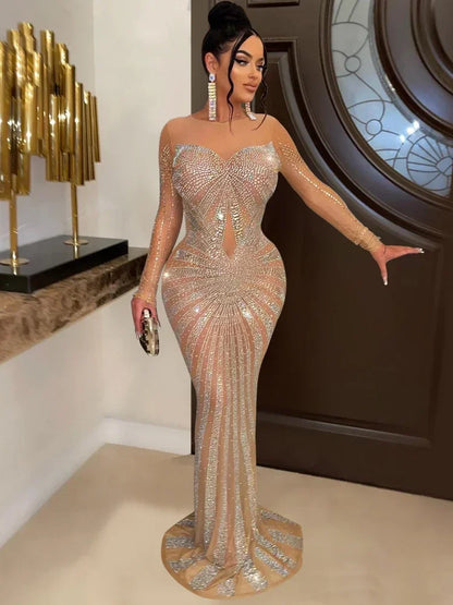 XIZOU Frauen Mesh Patchwork Diamanten Heißer Strass Bodenlangen Bodycon Meerjungfrau Maxi Kleid Sexy Party Abend Vestidos 2024