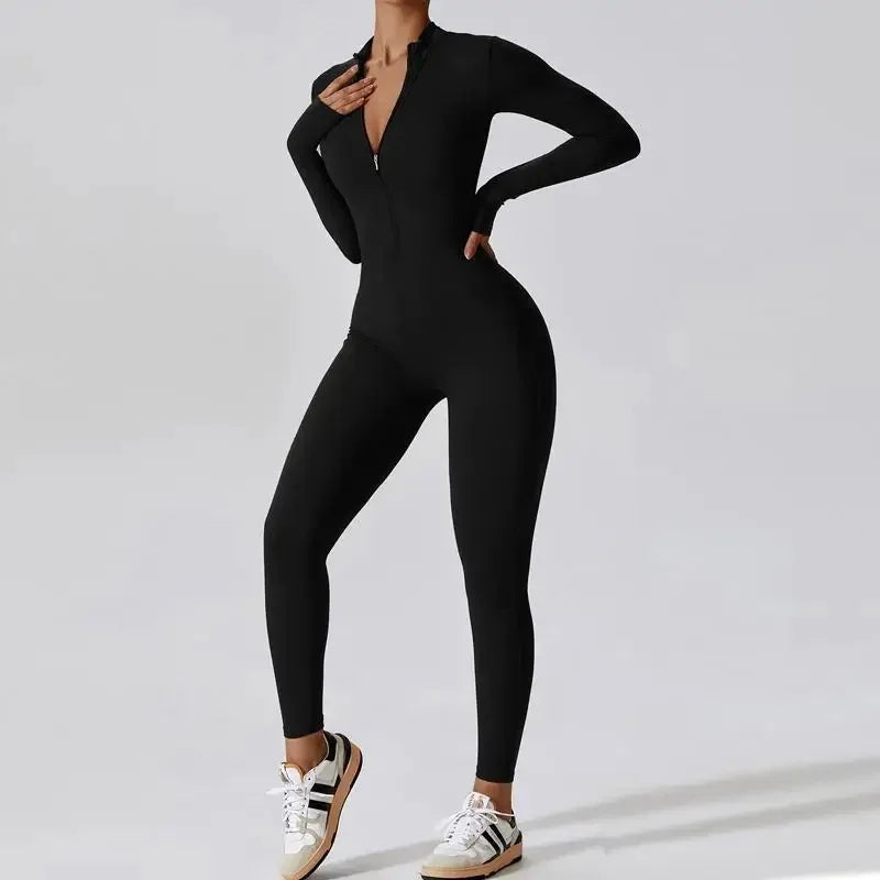 Fall New Style Long Sleeve Zipper Tight Butt Enhancing One Piece Fitness Pants Women Running Sports Training Yoga Black