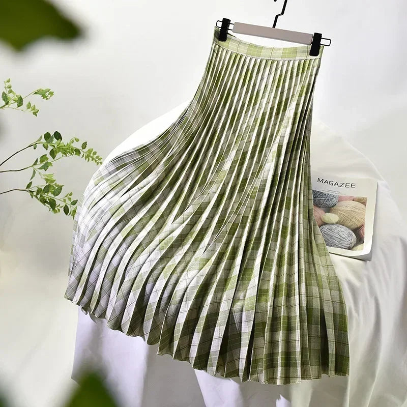 Looks Thin Pleated Skirt 2025 New High Waist A-line Skirt Mid-length Big Size Plaid Skirt Long Pleated Skirt Length 75-90cm
