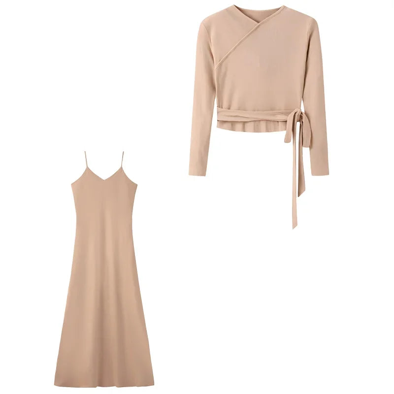 New Autumn Woman Long Sleeve Dress Suit Solid Color Tie With Bow Top And Milk Silk Knit Suspenders Dress Elegant Female Outwear.